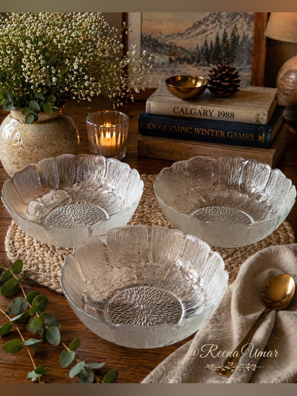 Set of 3 Vintage Arcoroc France “Fleur” Glass Bowls – 8.5” Clear Pressed Glass